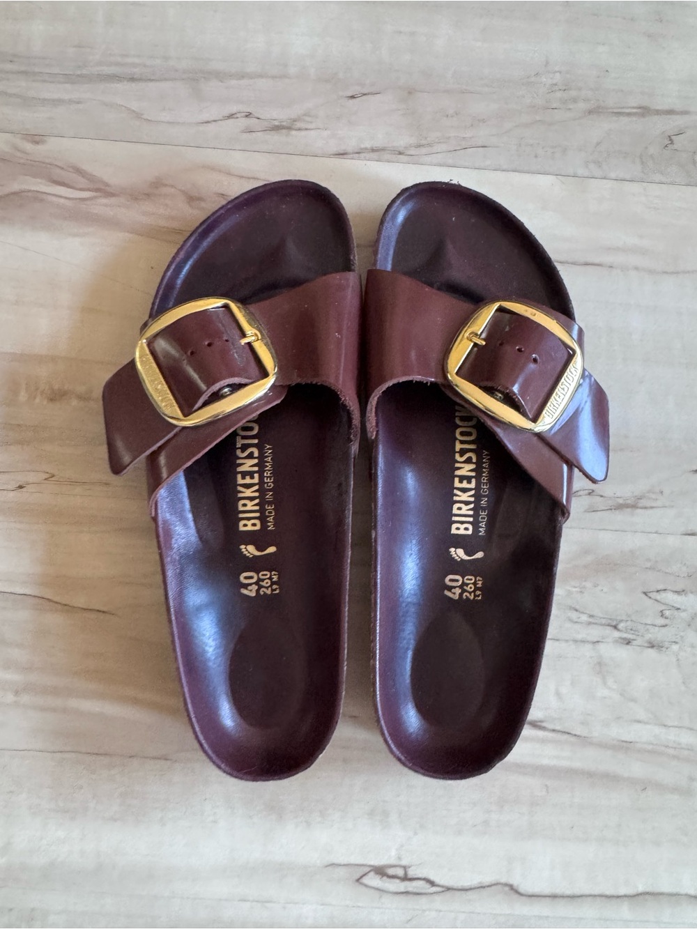 Birkenstock Madrid Single Strap Sandals in Brown with Gold Buckles